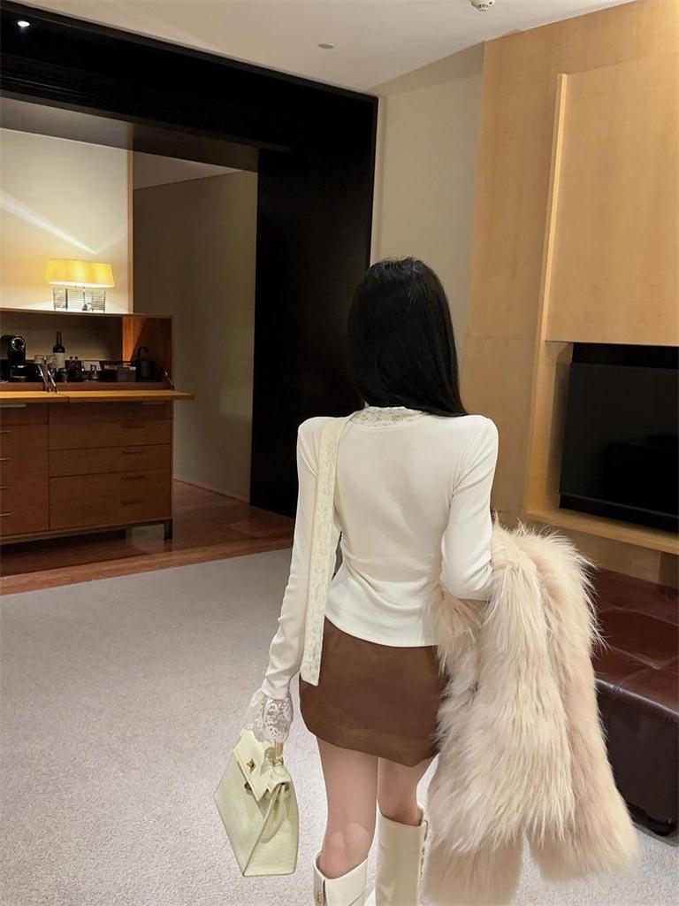 French Style Lace-Up Patchwork Long Sleeve Slim Fit Top