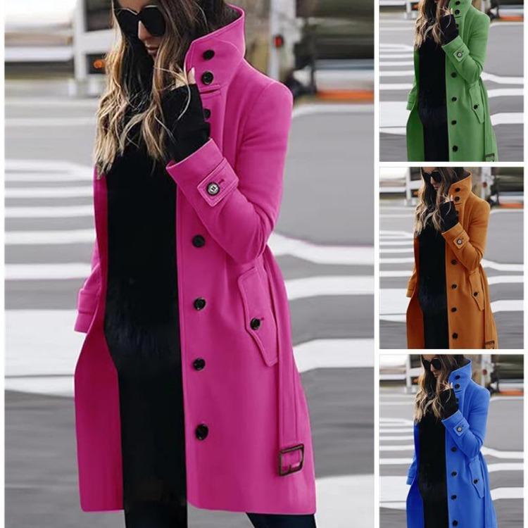 Women Autumn Winter Large Size Stand Collar Multi Button Single Breasted Woolen Coat
