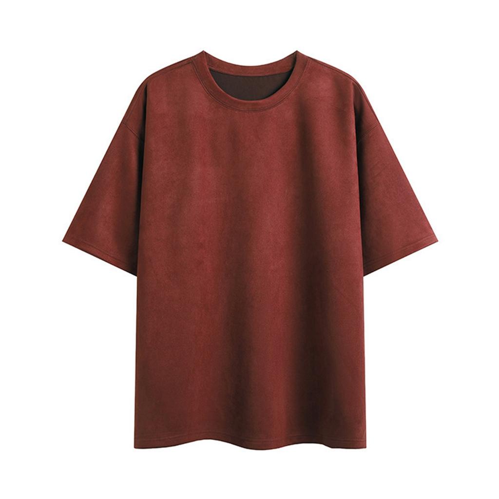 Men's Summer Trend Solid Color Suede Loose Round Neck Pullover Short-sleeved T-shirt