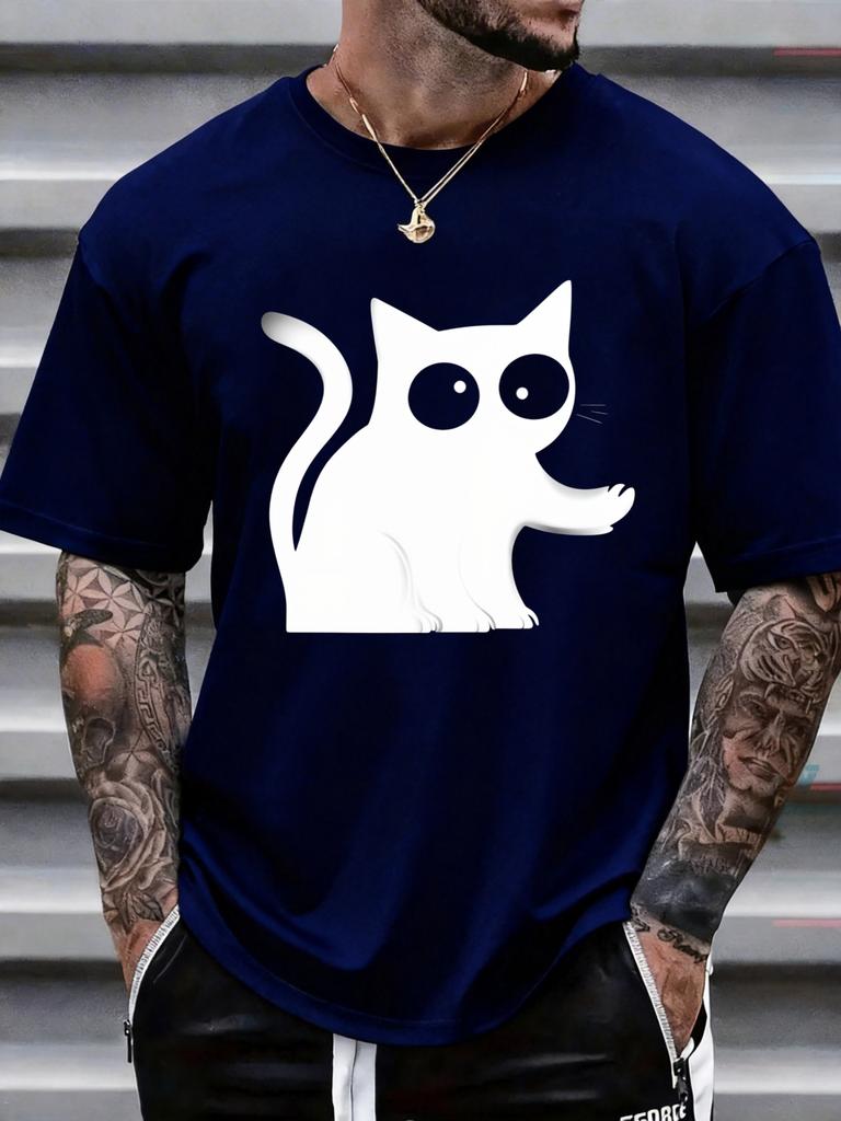Unisex Black Crew Neck Tee Cute White Big Eyes Cat Print Oversized Short Sleeve Unisexs Summer Streetwear Casual Daily Basic Wear Top