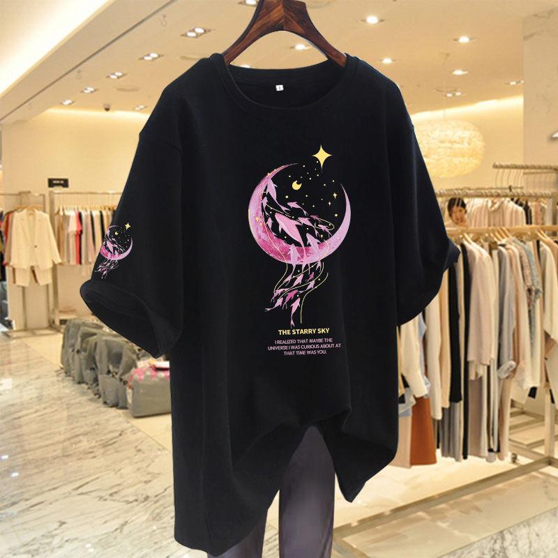 2024 Summer Round Neck Pure Cotton Loose Fitting Mid Length Version Trend Printing Comfort Versatile Women's Clothing T-Shirts