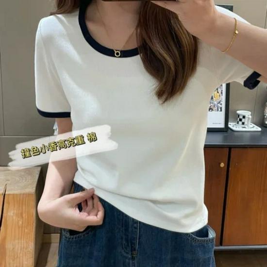 Women's Fashion Slimming Color Block U-Neck T-Shirt