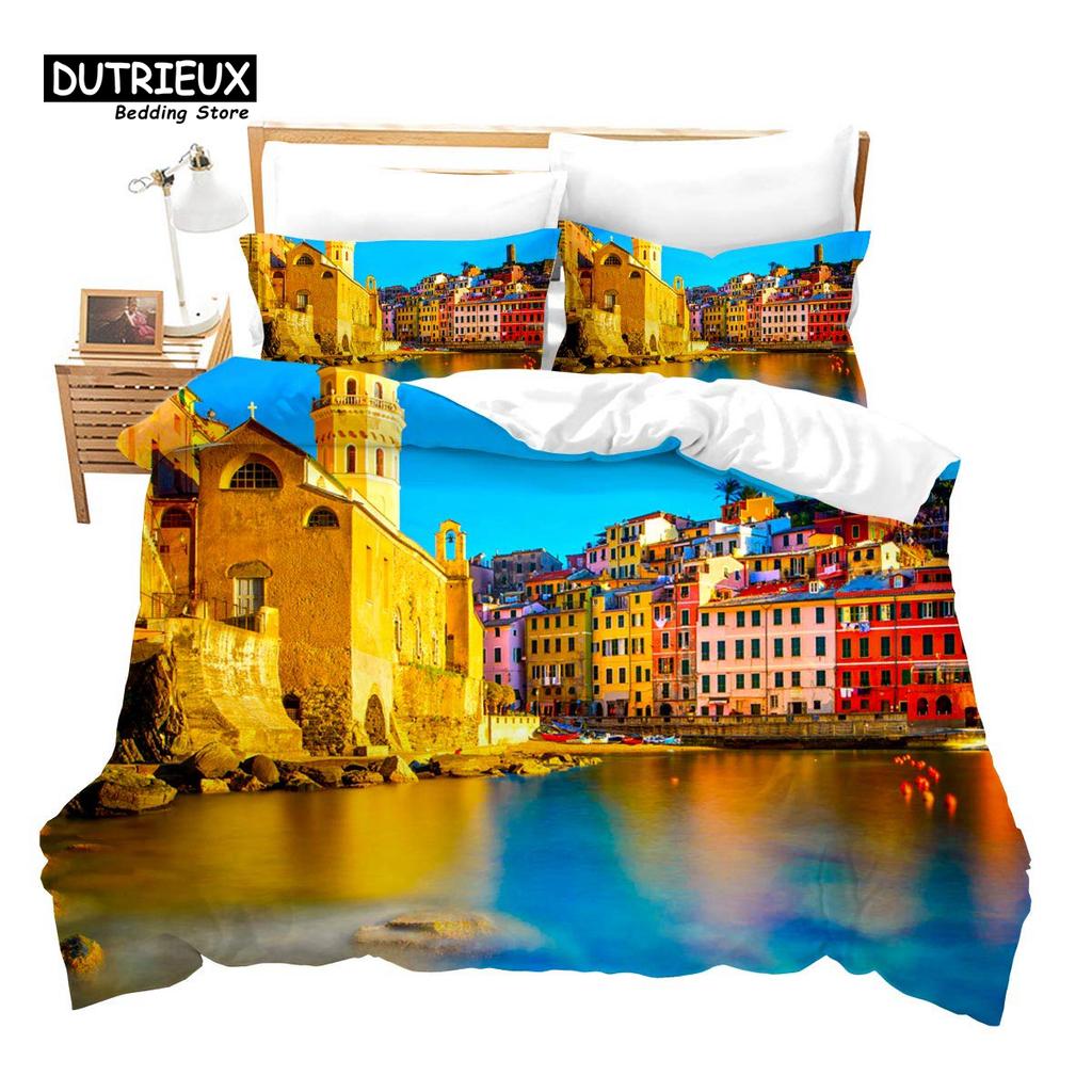 Romantic European Town Bedding Set Cityscape Duvet Cover Set Night Scenery Tower Comforter Cover Ship Bed Cover Twin King Size
