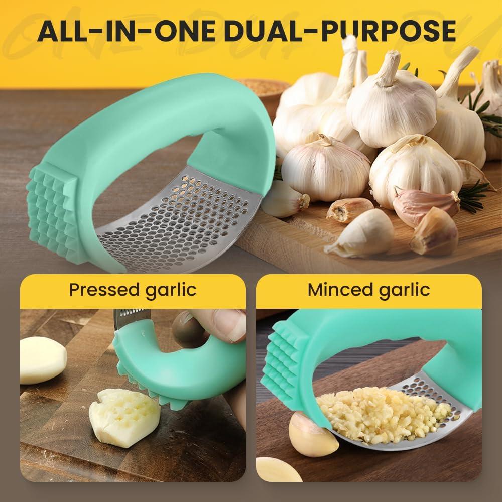 Upgrade Stainless Steel Garlic Presser Garlic Press Rocker Garlic Mincer Garlic Crusher with Peeler and Cleaning Brush