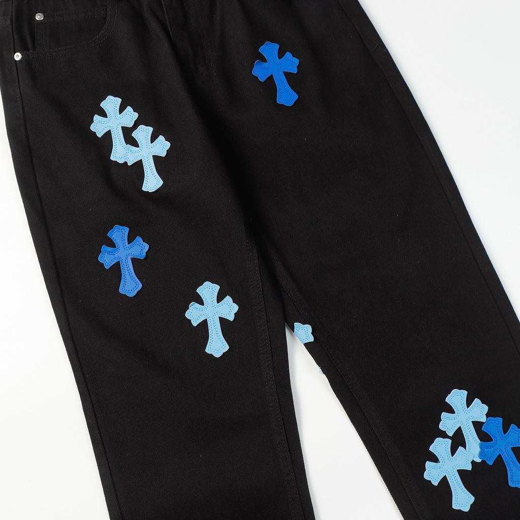 9902 CHROME HEARTS Pánské a dámské trendy džíny v americkém stylu s látkovými nášivkami, ležérní a módní high street kalhoty