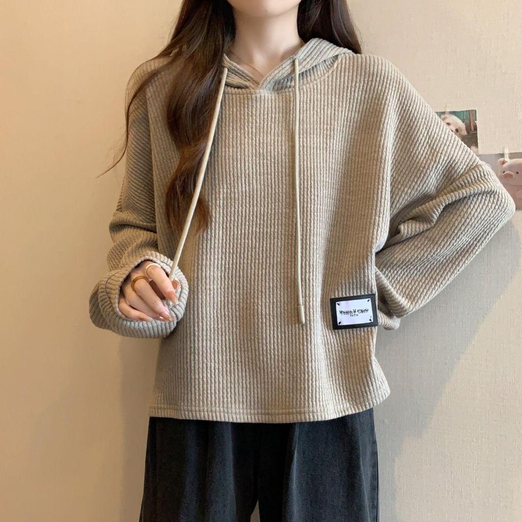 Women's Plus Size Ribbed Hoodie, Long Sleeve, 2025 Autumn/Winter, Korean Style, Loose, Slimming, Versatile, Warm Top