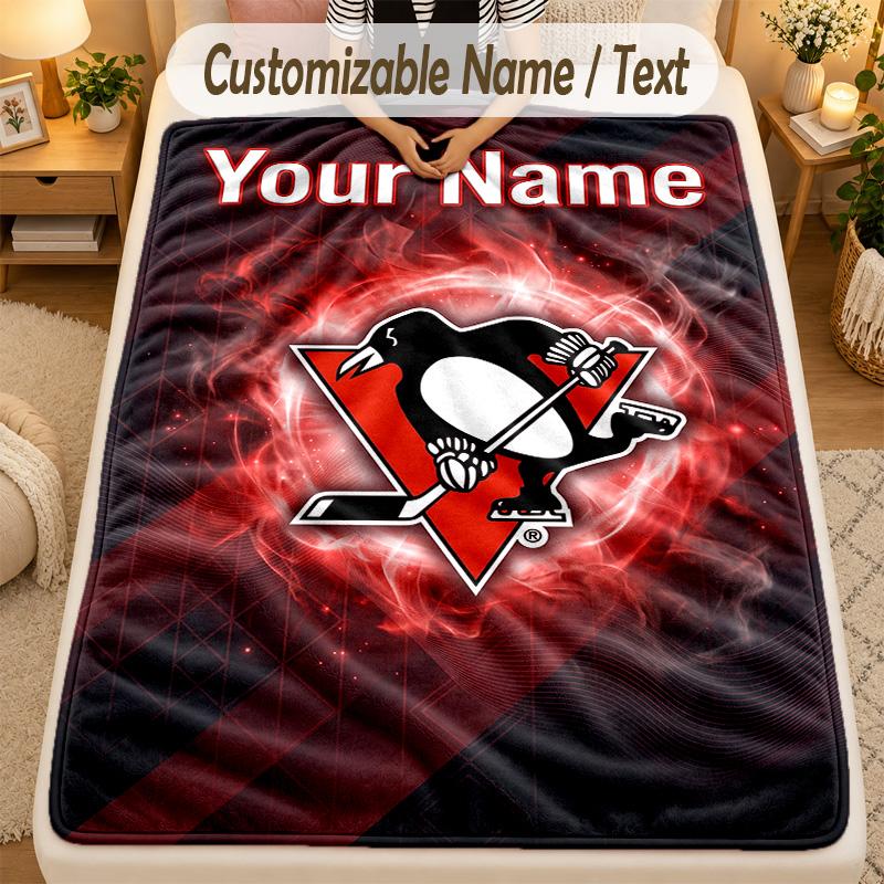 Flannel BlanketPittsburgh Penguins Custom Name Text Personalized Soft Warm Throw Blanket Home Decor Gift