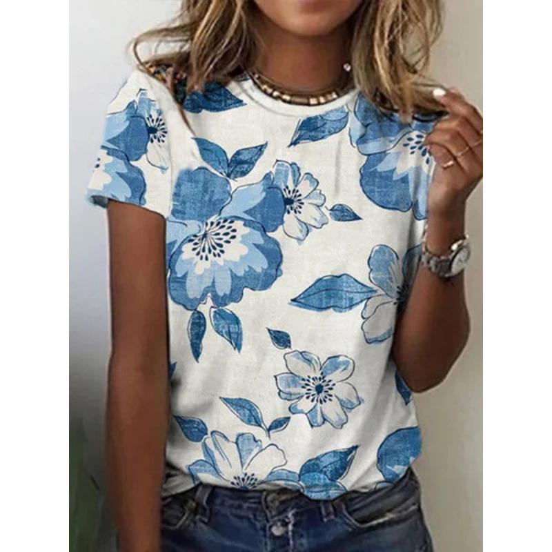 2025 Women's Street Fashion T-shirt Flower 3D Printed Short Sleeve Daily Versatile Casual Loose Round Neck Top Women's Wear