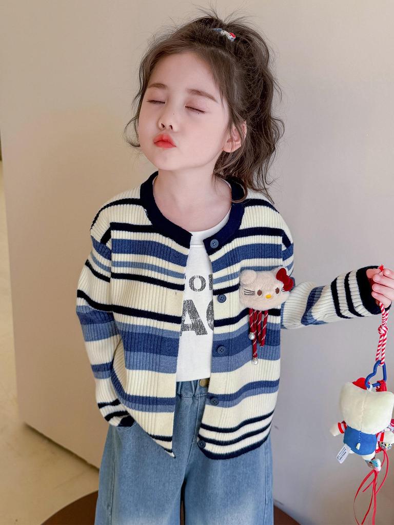 Herbst 2025 Mädchen Strickjacke mit Streifen - Stilvoller Pullover für kleine bis mittlere Kinder