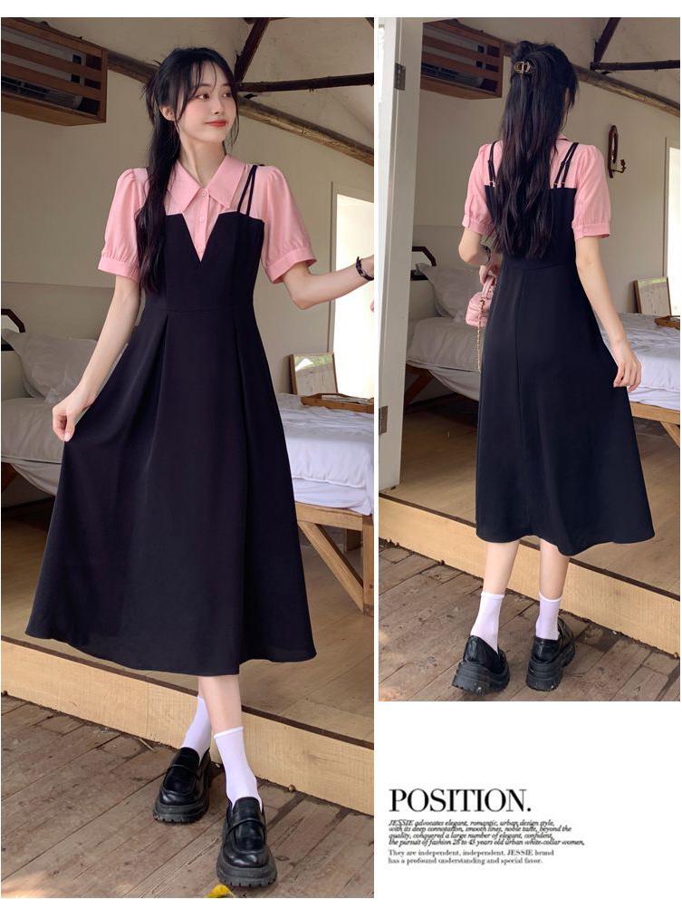 Plus Size Faux Two-Piece Spliced Design Slimming Little Black Dress for a Flattering Summer Look