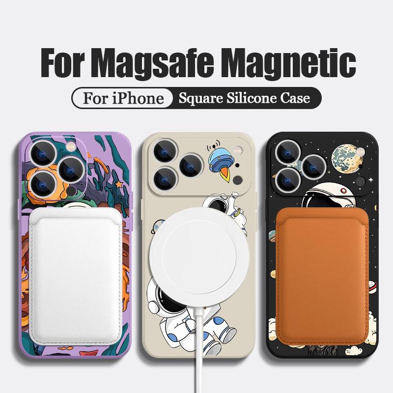 Cartoon Astonaut Planet Pattern Case For iPhone 16 Pro Max Magnetic For Magsafe Soft Cover For iPhone 17 15 14 13 Pro Max 17E 16E