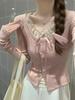 2026 Women's Spring/Autumn Slim Lace Patchwork Long-Sleeve T-shirt, Fake Two-Piece, Pure Desire Style.