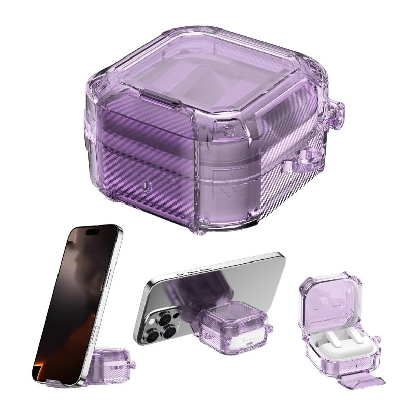 

Transparent Shockproof Cover For Buds4/4Pro Headphone Featuring Carabiner Clip Wireless Charging Support Phone Holder фиолетовый