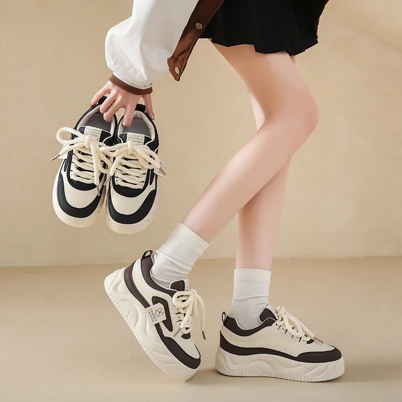 BKQU  Women's Platform Sneakers Fashion PU Leather Shoes Classic Lace Up Comfortable Skate Walking Casual Tennis for Lady