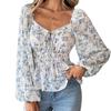 Ins Style Floral Print Long Sleeve U Neck Tie Front Top