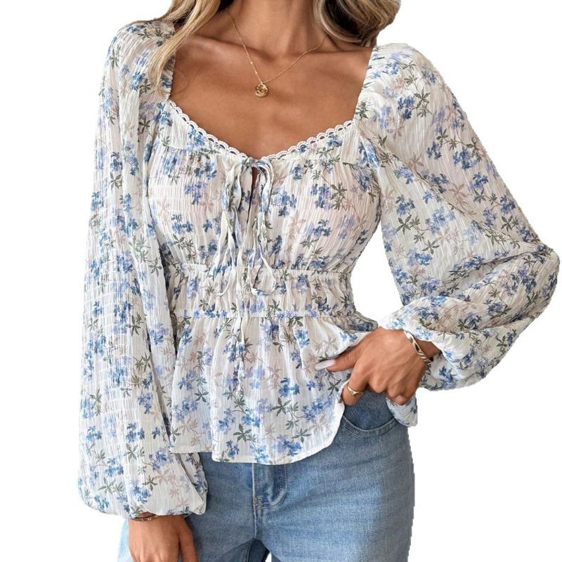 Ins Style Floral Print Long Sleeve U Neck Tie Front Top