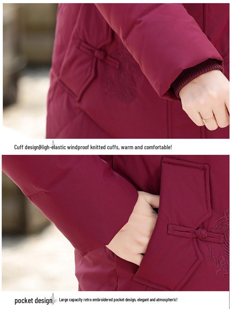 2026 Women's Mid-Length Thickened Down Jacket with Fur Collar - Plus Size, Over-the-Knee Winter Wear for Middle-Aged and Elderly Ladies