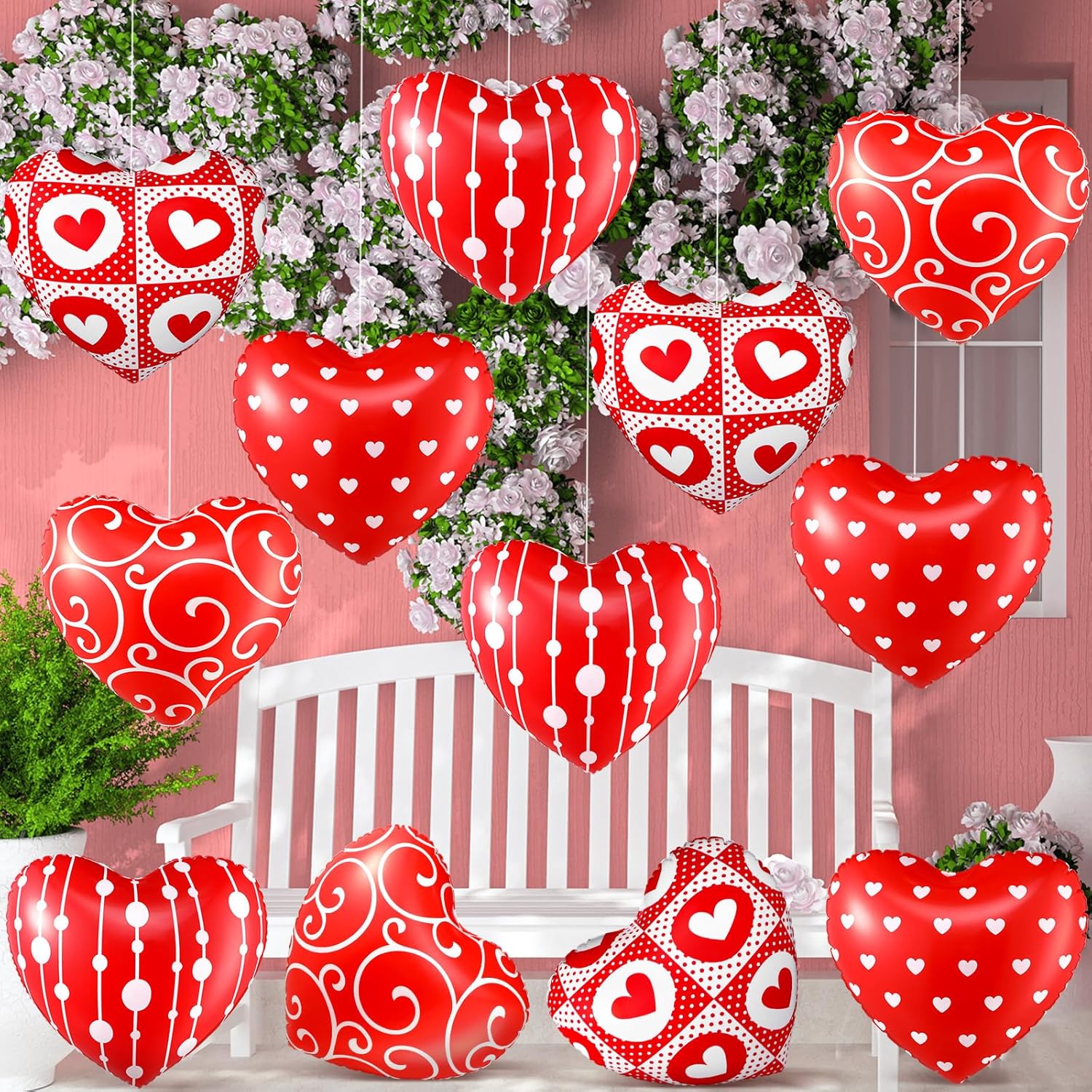 12 Pcs 12 Inch Valentine s Day Inflatable Heart Outdoor Decorations Large Valentine Heart Inflatable Hanging Ornaments PVC Love Outdoor Yard Decor
