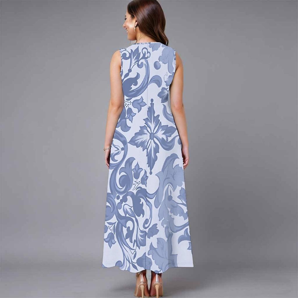 Oversized Women Sleeveless Round Neck Dress Stylish Multicolor Floral Branch Flowy Mid Calf Dress