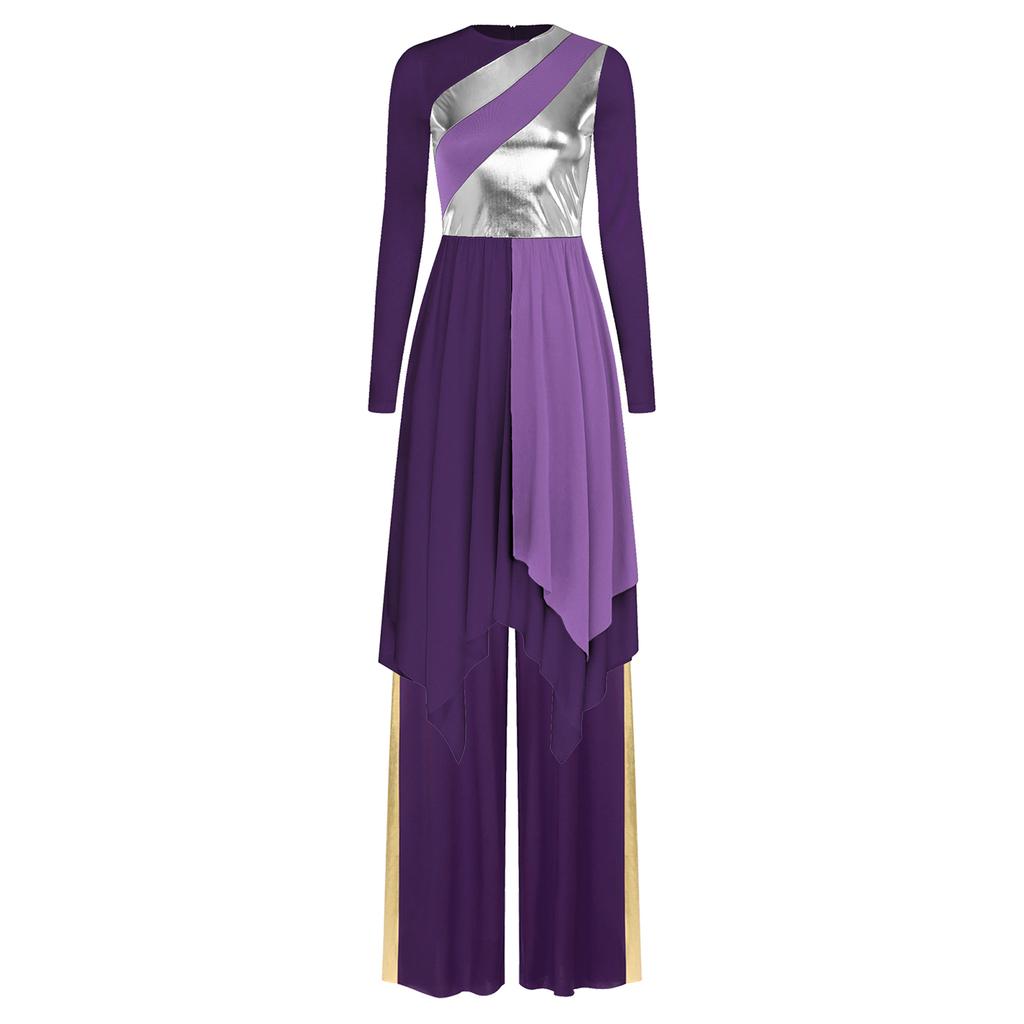 Womens Worship Performance Dress Metallic Color Block Asymmetrical Design Long Sleeve Wide Leg Pants Lyrical Costume
