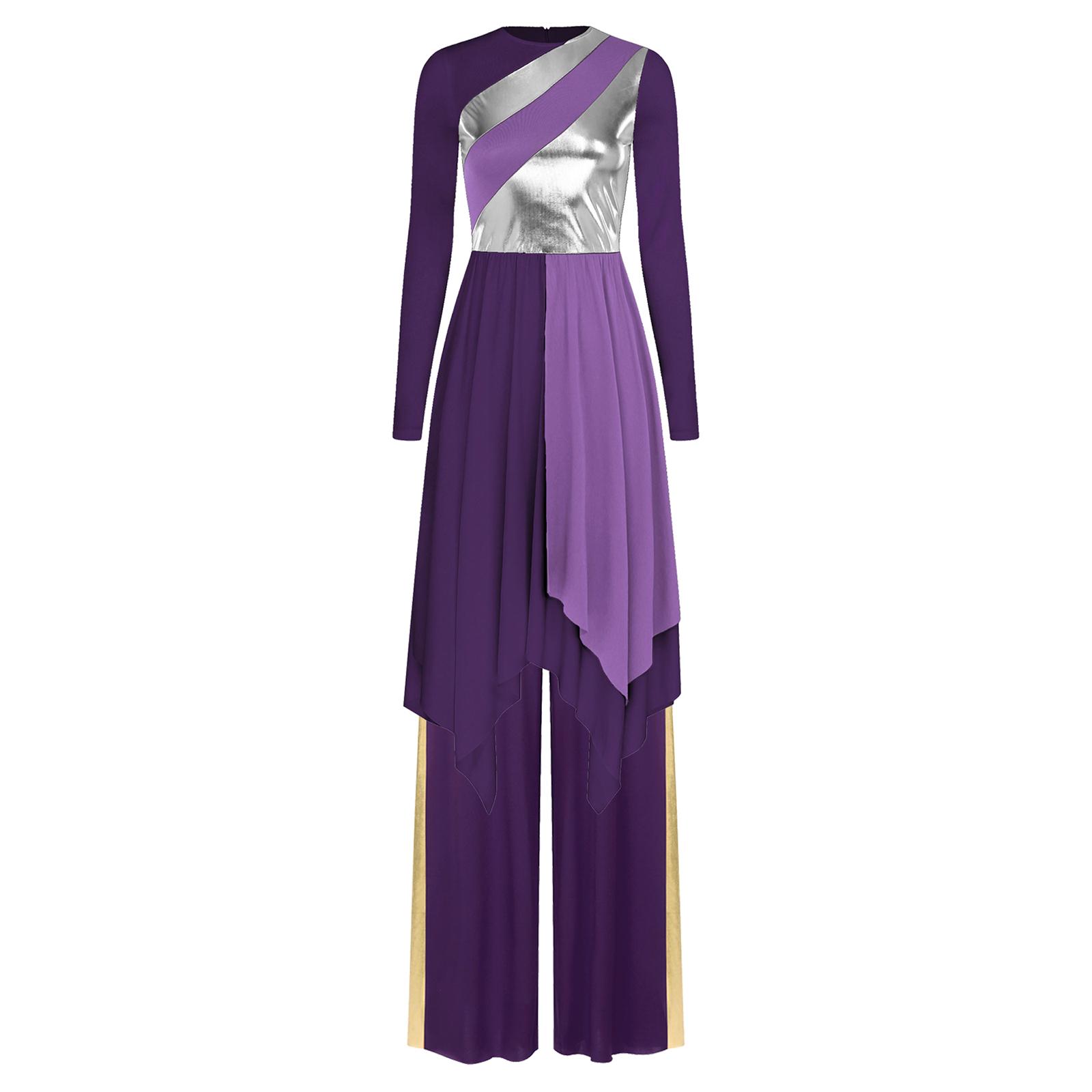 

Womens Worship Performance Dress Metallic Color Block Asymmetrical Design Long Sleeve Wide Leg Pants Lyrical Costume S