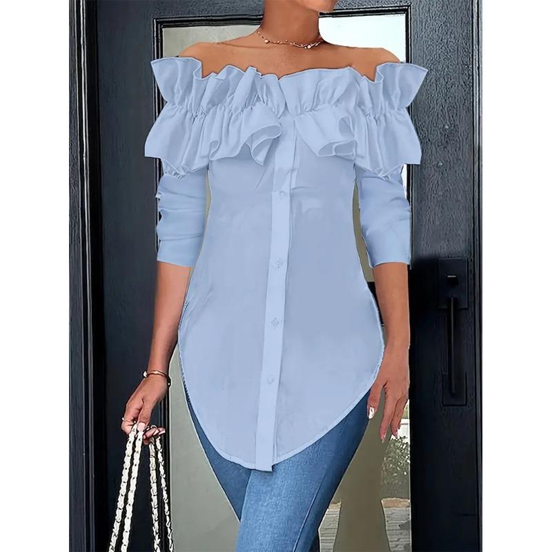 Neues schulterfreies Rüschenlangarmshirt Frühling Damen Casual Unregelmäßige Bluse Einfarbig Slim Fit Mode Büro-Dame Oberteil