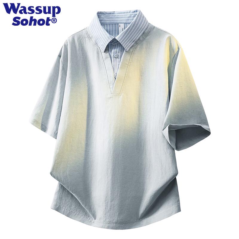 Wassup Sohot American Patchwork Faux Two-Piece Short Sleeve Polo T-Shirt L