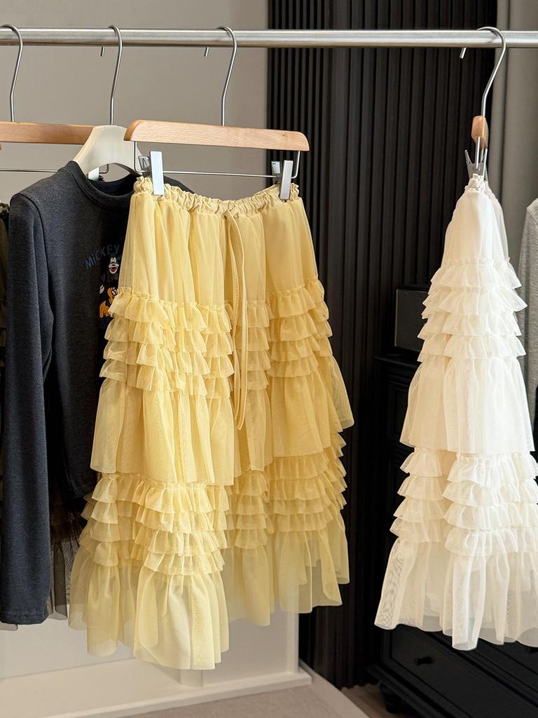 Korean Style Fluffy Lace Mesh Layered Midi Skirt for Women - Spring Collection