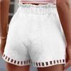 Cotton Linen Shorts Women's Pants Solid Color Thin Hollow Out Design Trim Pocket Tight Waist Shorts Beachwear White Clothes