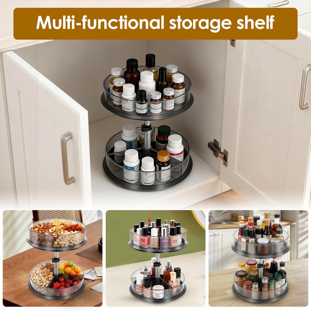 2 Tier 360° Rotating Storage Rack Adjustable Height Pill Bottle Organizer Transparent Seasoning Bottle Storage Rack for Kitchen