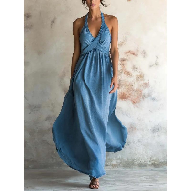 Europäisches und amerikanisches Sommer-Neumode-Kleid mit Halsausschnitt, ärmellos, schwingend, einfarbig