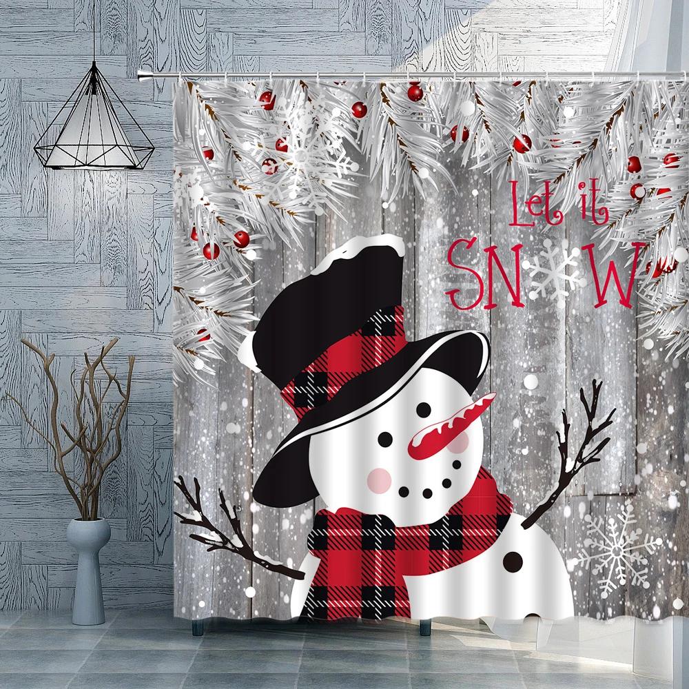 Christmas Shower Curtain Red Christmas Balls Branches Snowmen Gifts Snowflakes Fabric Bath Curtain Winter Bathroom Decor Sets