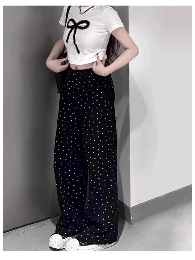 Pear-Shaped High-Waist Plus Size Black Polka Dot Wide-Leg Pants for Women - Spring/Summer Casual Slimming Design