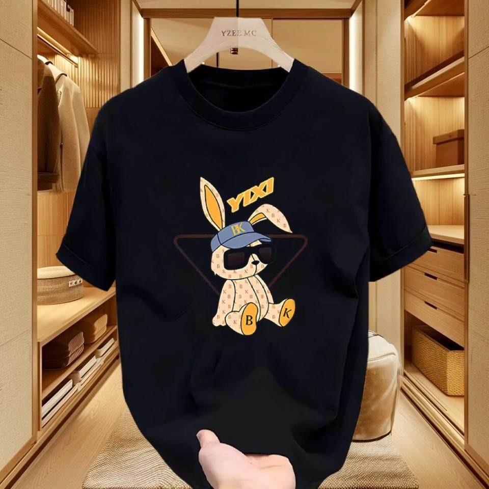 American Style Heavyweight Shortsleeved Tshirt Rabbit Print Mens and Womens Trendy Streetwear Crew Neck Pure Cotton