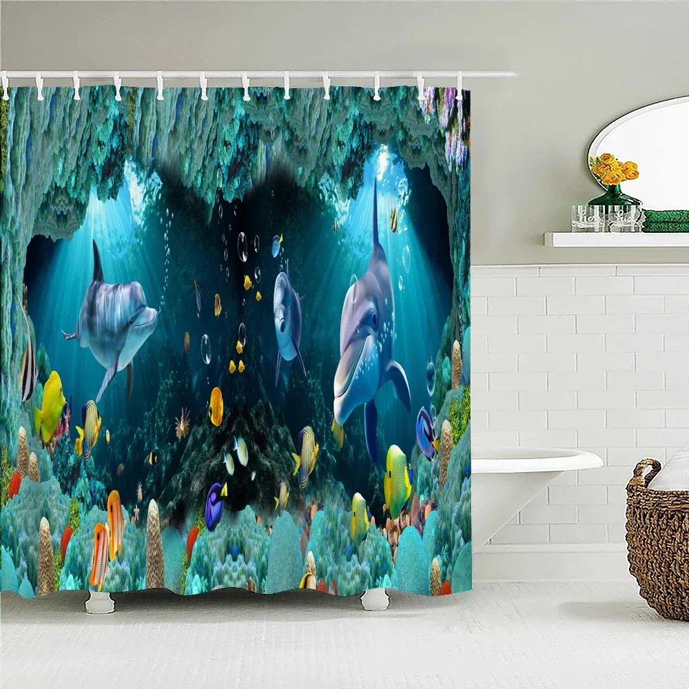 Underwater World Fish Turtle 3d Shower Curtains Ocean Dolphin Sea Scenery Fabric Waterproof Bath Curtain Bathroom Decor Screen