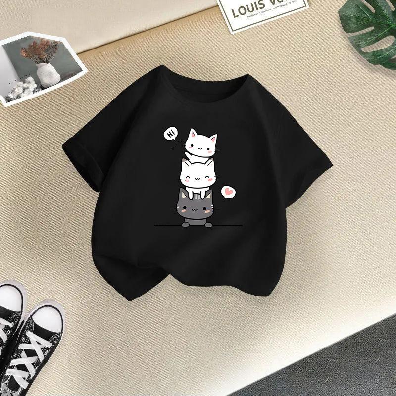 Children T-shirt Cute Cat Printed Kids 100% Cotton Clothes Tops 2-13Y Loose-fit Casual  O-Neck Short-sleeve T-shirt