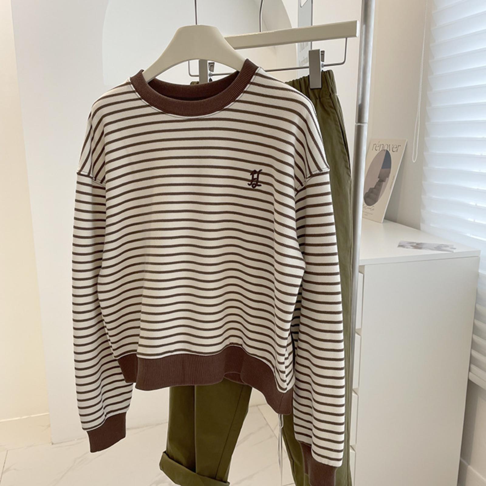 Женский свободный полосатый пуловер-свитшот с круглым вырезом M кофейный