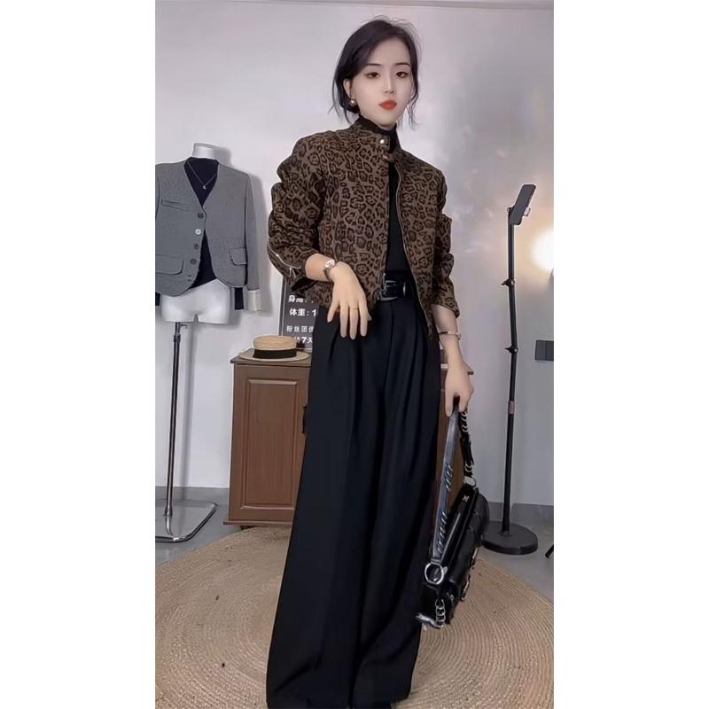 Retro Leopardenmuster Modische Kurze Jacke Reißverschluss Strickjacke Lässiges Oberteil