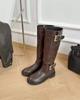 Cowhide~ Genuine Leather Thick-soled Knight Boots Women's Belt Buckle Boots Autumn and Winter Retro Long Boots Wide Tube Thin High Boots