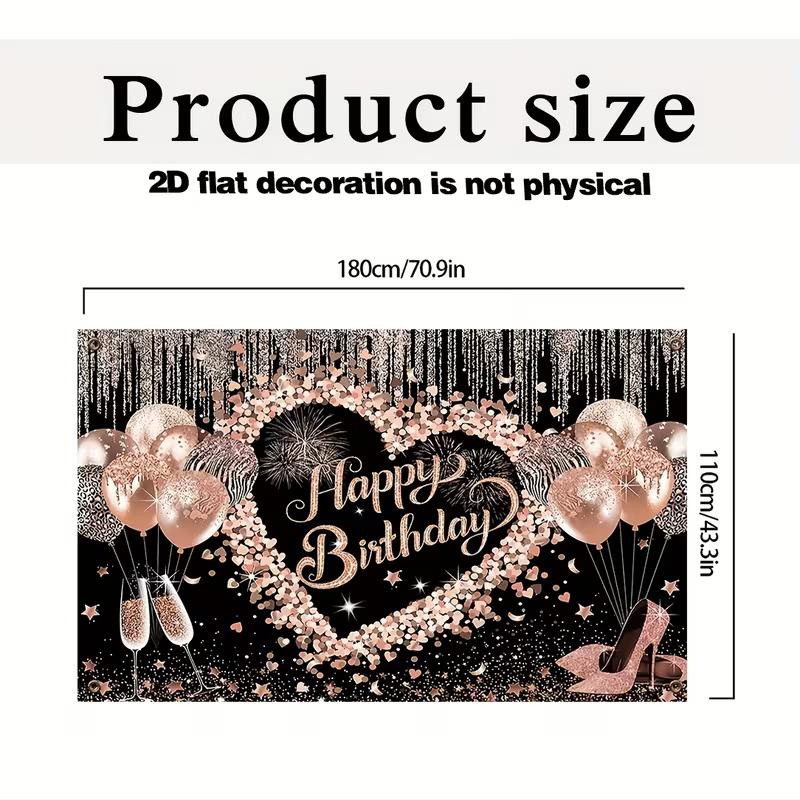 2D Printing Rose Gold Glitter Backdrop, Black Happy Birthday Party Decoration Background