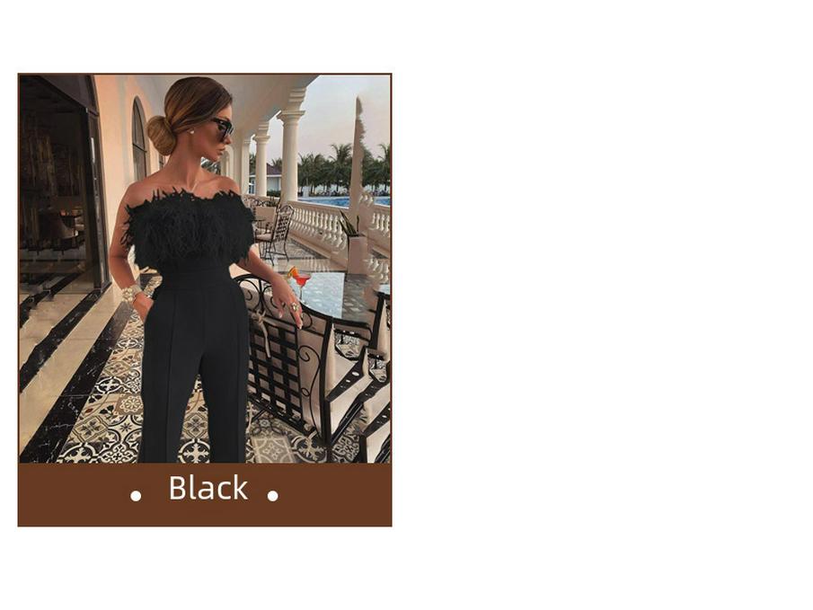2025 Spring/Summer European & American Women's Feather Bandeau One-Shoulder Backless Jumpsuit