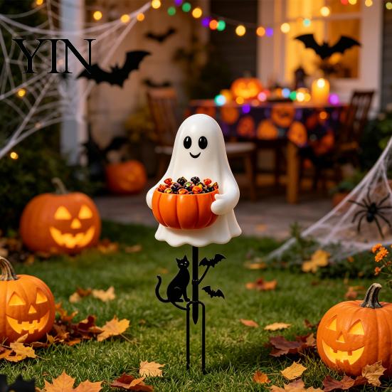 Decorative Soil Insert Signs Halloween Ghost Candy Bowl Garden Stake, 2D Flat Pumpkin Holder with Cat Decor And Bats, Trick or Treat Yard Art