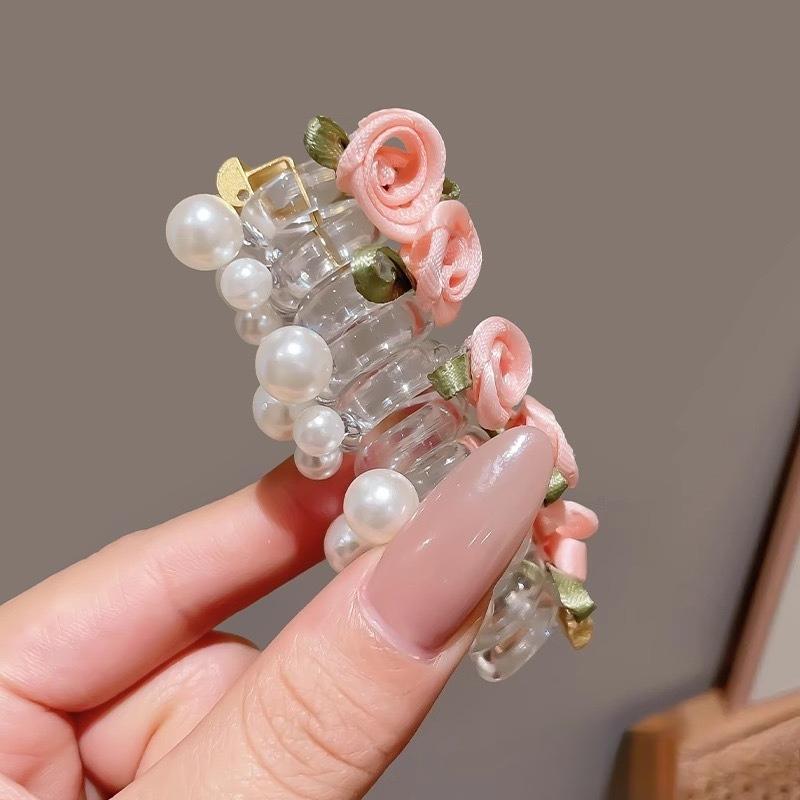 

Sweet Rose Flower Telephone Phone Line Hair Rope for Women Girls Elastic Pearl Ponytail Hair Loop Headwear Hair Accessories рожевий
