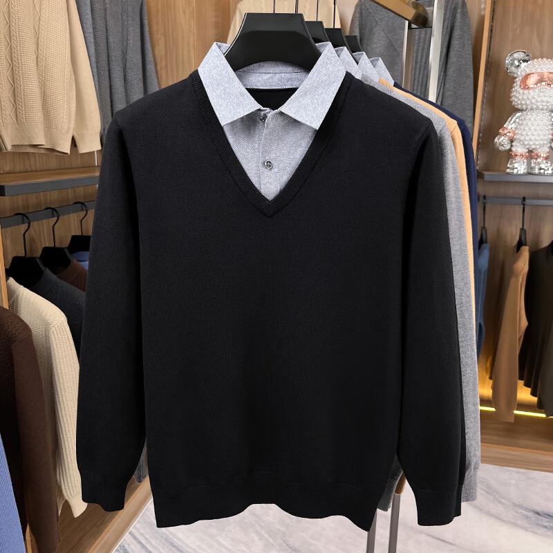 Yiliteng Men's V-Neck Faux Two-Piece Sweater