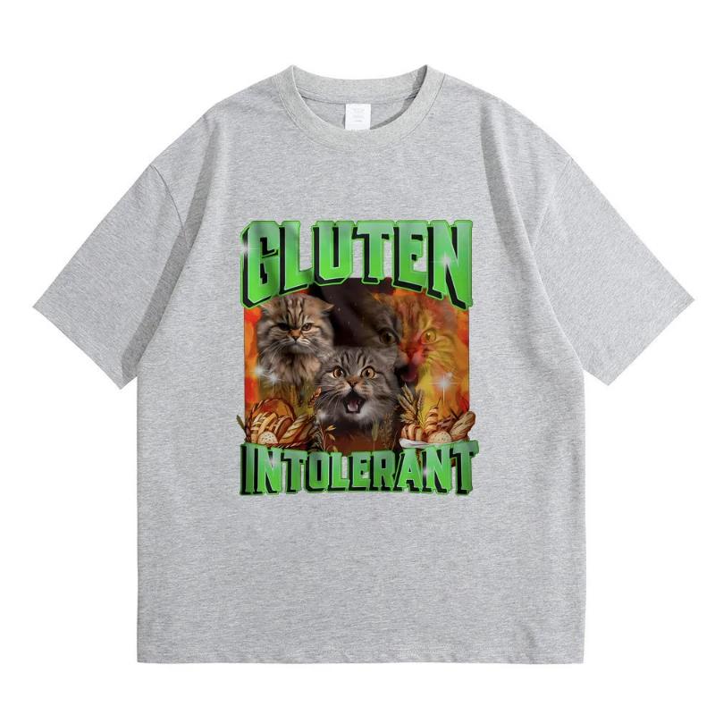 Gluten In Tolerant Cat Funny Meme Print Tshirt Male Fashion Oversized Streetwear Men Women Casual Cozy Pure Cotton Short Sleeve