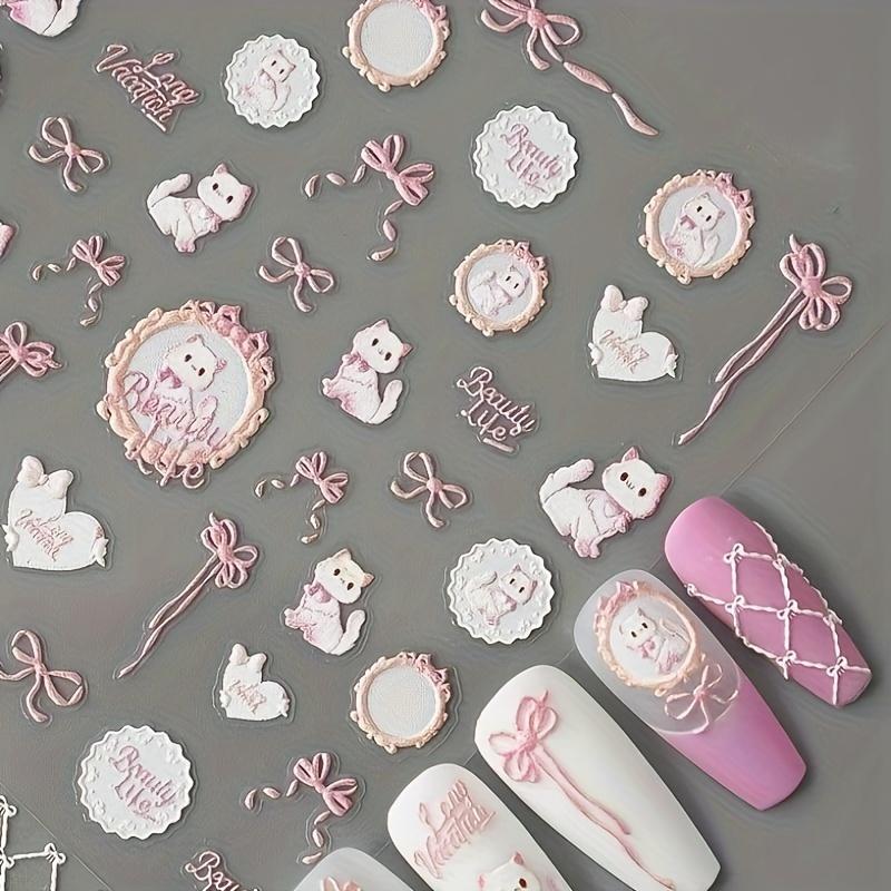 Autocolante de Unghii 5D Embosate Desen Animat Pisică Roz - Autocolante Autoadezive cu Sclipici pentru Artă Unghiilor cu Designuri Drăguțe de Pisoi, Inimi și Fundițe pentru Manichiură