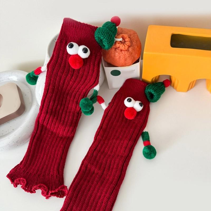 Christmas Holiday Leg Covers 3D Santa Hat Doll Magnetic Hand Holding Leg Warmers Socks with Big Curious Eyes for Women