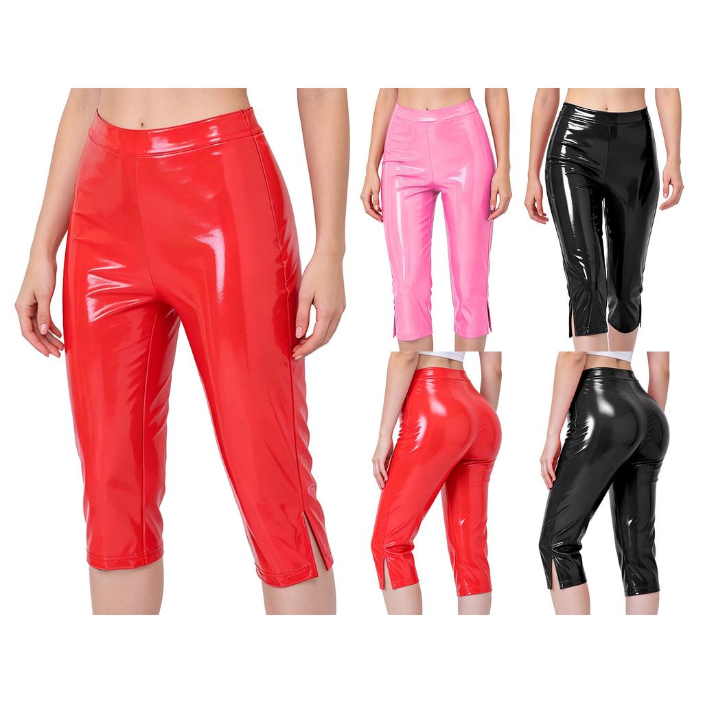 Hohe Taille Spaltbein Glänzende PU-Leder Capri-Hose Skinny Wet-Look Leggings für Damen Rave Club Y2K Outfit