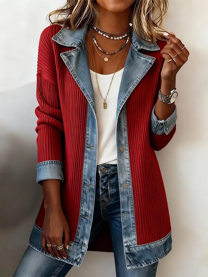 Women's Point Collar Long Sleeve Color Block Jacket Loose Fit Streetwear Denim Patchwork Blazer