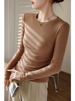 Women's High-Elastic Cotton Ribbed Crew Neck Long-Sleeve Base Layer Top - 2025 Autumn/Winter Collection